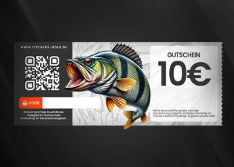 Angelgutschein mit Motiv Barsch im Wert von 10 Euro.