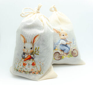 Geschenk für Angler zu Ostern, Stoffbeutel für Angelköder mit Oster-Motiv.