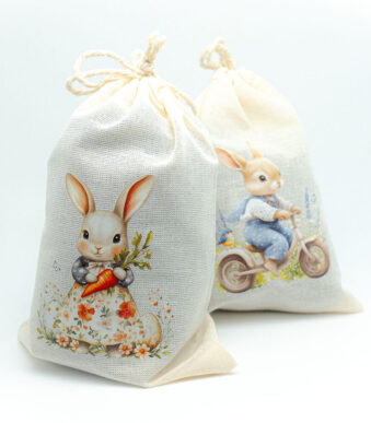 Geschenk für Angler zu Ostern, Stoffbeutel für Angelköder mit Oster-Motiv.