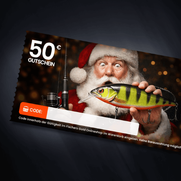 gutschein für Angler zu Weihnachten im Wert von 50 Euro zum ausdrucken oder versenden.