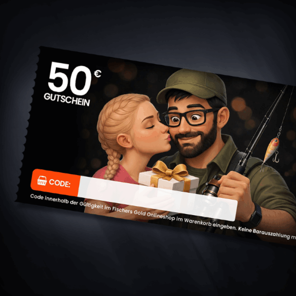 Gutschein für Angler zum Valentinstag im Wert von 50 Euro zum ausdrucken oder versenden.