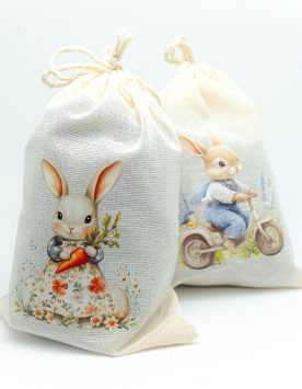 Geschenk für Angler zu Ostern, Stoffbeutel für Angelköder mit Oster-Motiv.